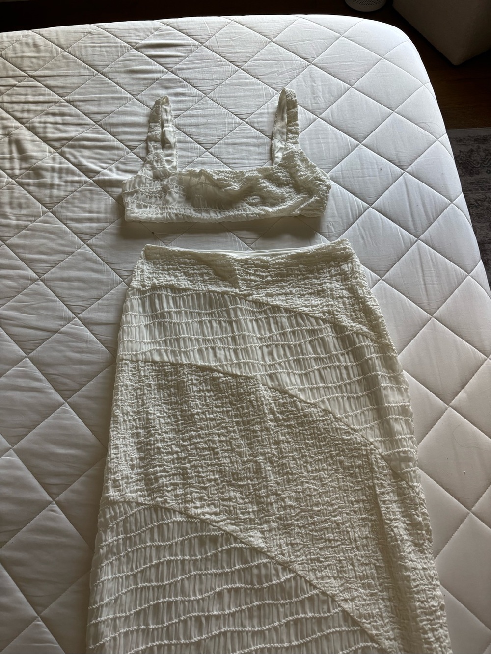 Meshki White Smocked Maxi Skirt with matching bralett/crop top.